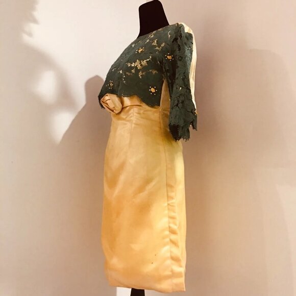 UNBRANDED Hand-Made Vintage 60s Green Lace Yellow Satin Beaded Fitted Dress XXS - Picture 4 of 14